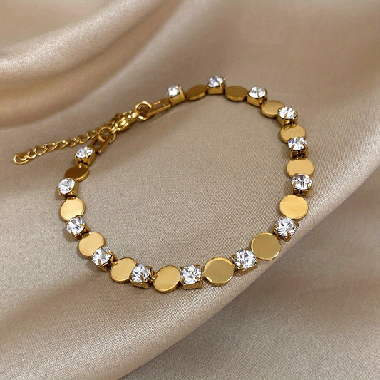 Stainless Steel Cubic Bracelet - Minimalist Chain Link Jewelry with Round Inlay