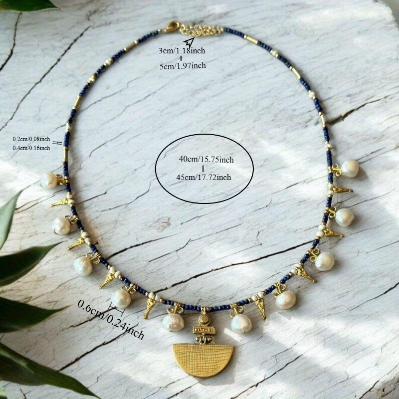 Blue Handmade Natural Lapis Lazuli & Freshwater Freshwater Pearls Necklace for Women - Elegant Golden-Tone Pendant with Blue Gemstones, Freshwater Pearls And Chain Necklace, Classic Design,
