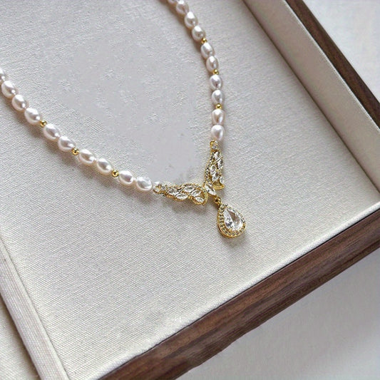 Elegant Mixed Color Freshwater Pearl Pendant Necklace with Synthetic Cubic Zirconia Accents, No Plating - Chic Fashionable Drop Chain for Women