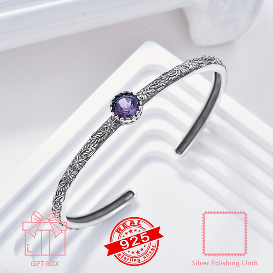 Natural Amethyst Cuff Bracelet Silvery Dainty Adjustable Round Amethyst Flower Leaves Bangle Bracelets Bohemian Jewelry