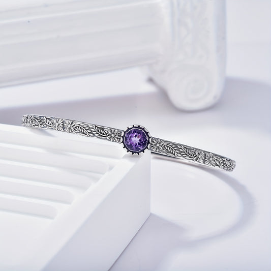 Natural Amethyst Cuff Bracelet Silvery Dainty Adjustable Round Amethyst Flower Leaves Bangle Bracelets Bohemian Jewelry