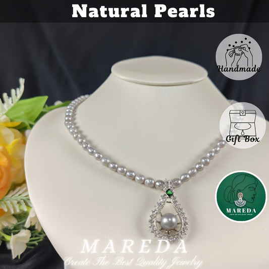 Elegant Mareda Freshwater Pearl Necklace with Green Faux Gemstone Pendant - Versatile Light Luxury Design for Daily & Formal Occasions, Perfect Gift in Handmade Gift Box, Everyday Jewelry | Elegant Pendant Necklace | Detailed Craftsmanship, Pearl Jewelry