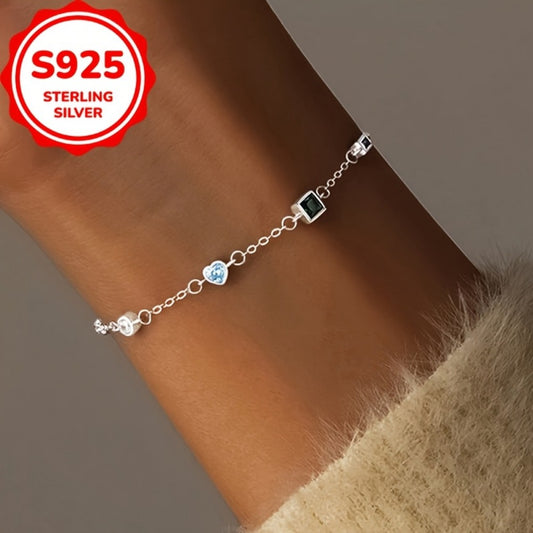 S925 Sterling Silver Mini Heart-Shaped Bracelet, Multifunctional Square And Teardrop Design