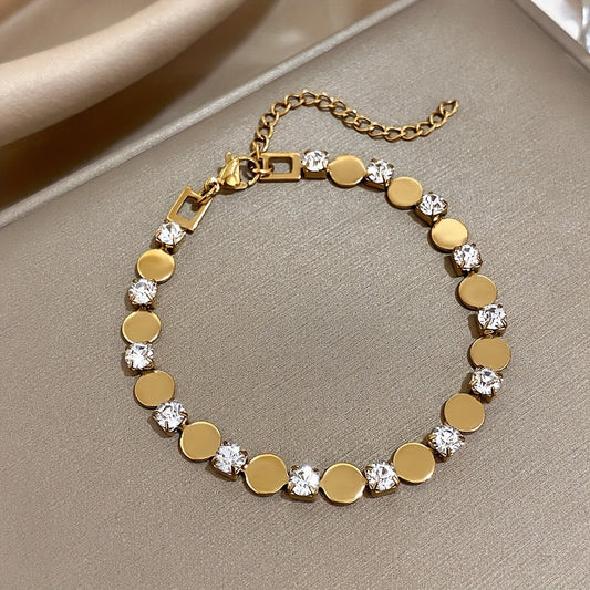 Stainless Steel Cubic Bracelet - Minimalist Chain Link Jewelry with Round Inlay