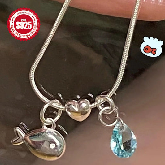 1pc of 925 silver ladies necklace, purr fish small fish drop design, simple ins style niche sweet clavicle chain
