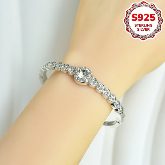 1pc S925 Sterling Silver Hypoallergenic Women'S Vintage Simple Heart-shaped Bracelet | Inlaid with Full Synthetic Zirconia Fashionable Jewelry