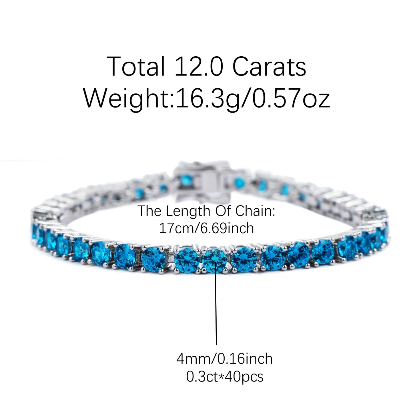12.0 Carats Blue Moissanite Tennis Bracelet, D Color VVS1 Round Cut, 925 Sterling Silver Hip-hop Bracelet, High Quality Jewelry For Daily Wear, Fine Fashionable Essential Items