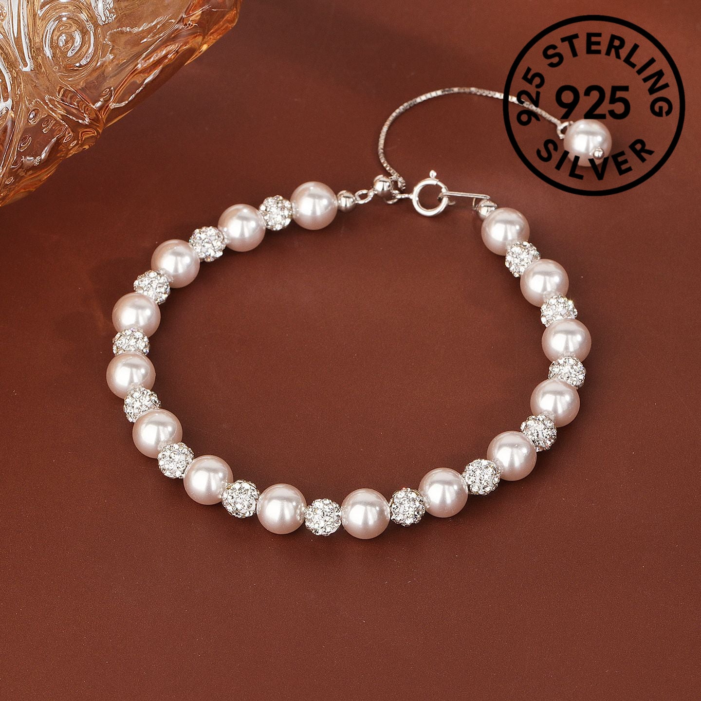 Elegant S925 Sterling Silver Bracelet with Freshwater Pearls and Crystal Beads - Chic Rose Golden