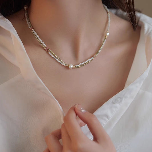 Bohemian Style Baroque Freshwater Pearls & Zirconia Beaded Necklace - 22K Golden Plated, Green & White Beads with Accents, Perfect for Parties