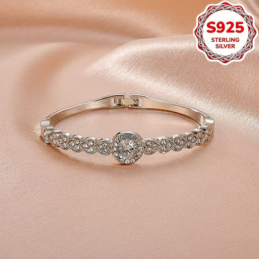 1pc S925 Sterling Silver Hypoallergenic Women'S Vintage Simple Heart-shaped Bracelet | Inlaid with Full Synthetic Zirconia Fashionable Jewelry