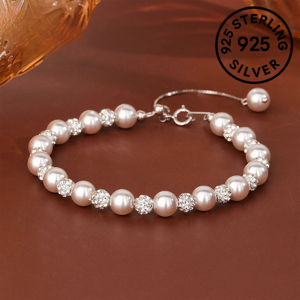 Elegant S925 Sterling Silver Bracelet with Freshwater Pearls and Crystal Beads - Chic Rose Golden