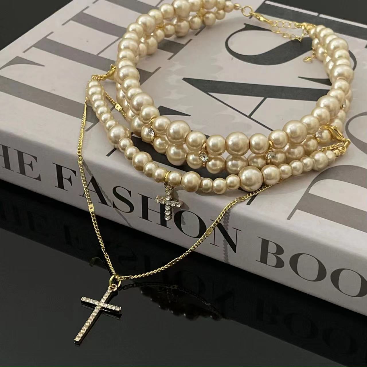 Multi-layered Pearl Cross Pendant Light Luxury Sweater Chain Personalized Fashion Necklace