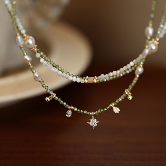 Bohemian Style Baroque Freshwater Pearls & Zirconia Beaded Necklace - 22K Golden Plated, Green & White Beads with Accents, Perfect for Parties