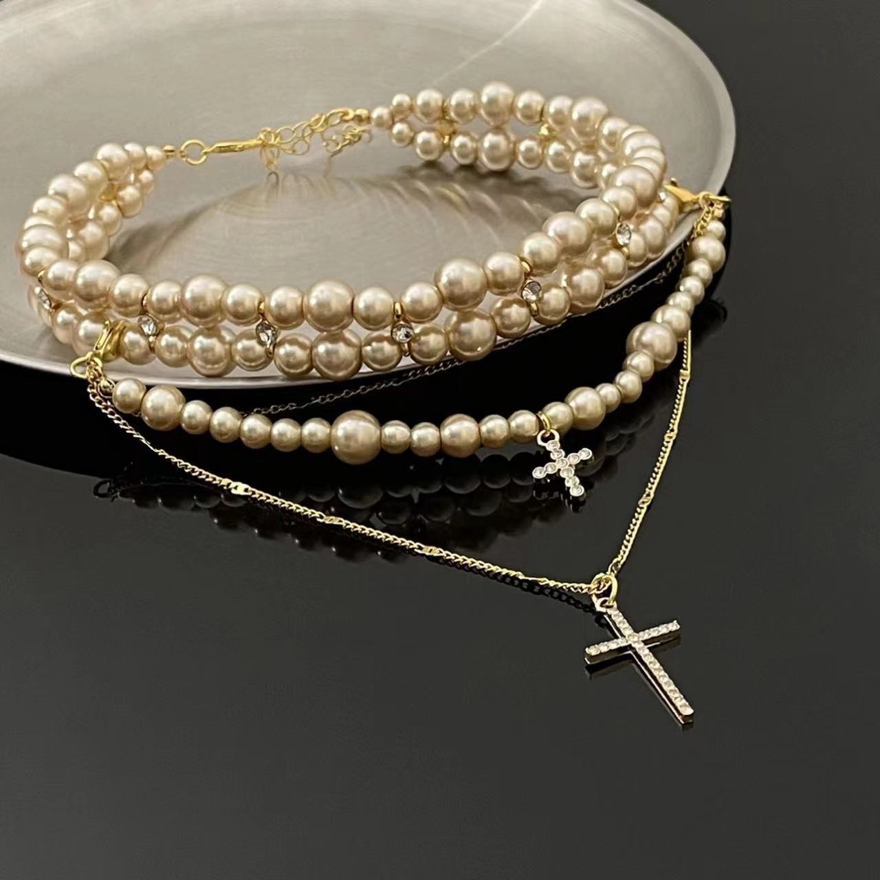 Multi-layered Pearl Cross Pendant Light Luxury Sweater Chain Personalized Fashion Necklace