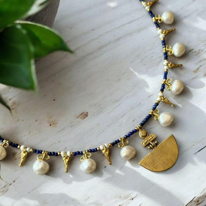 Blue Handmade Natural Lapis Lazuli & Freshwater Freshwater Pearls Necklace for Women - Elegant Golden-Tone Pendant with Blue Gemstones, Freshwater Pearls And Chain Necklace, Classic Design,