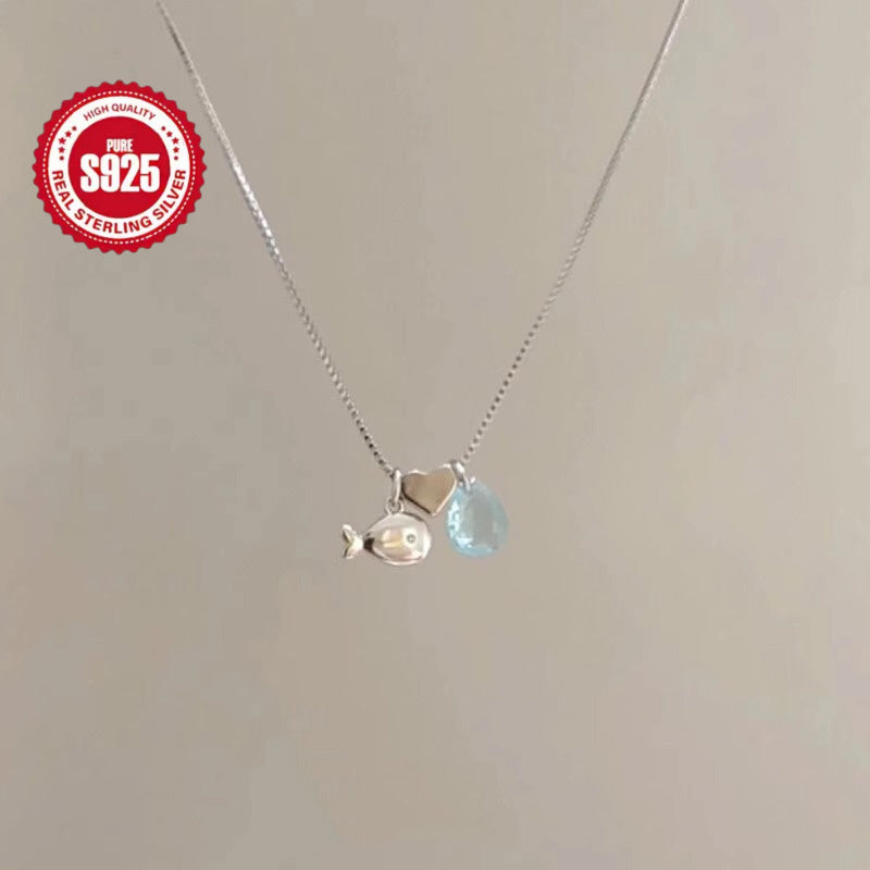 1pc of 925 silver ladies necklace, purr fish small fish drop design, simple ins style niche sweet clavicle chain