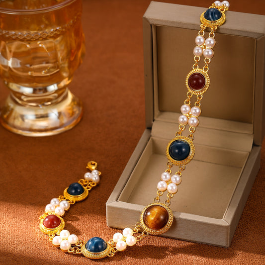 Vintage Court Necklace Luxurious Multicolored Gemstone Elegant Vintage-Style Court Necklace for Women | Double-Row Imitation Pearls