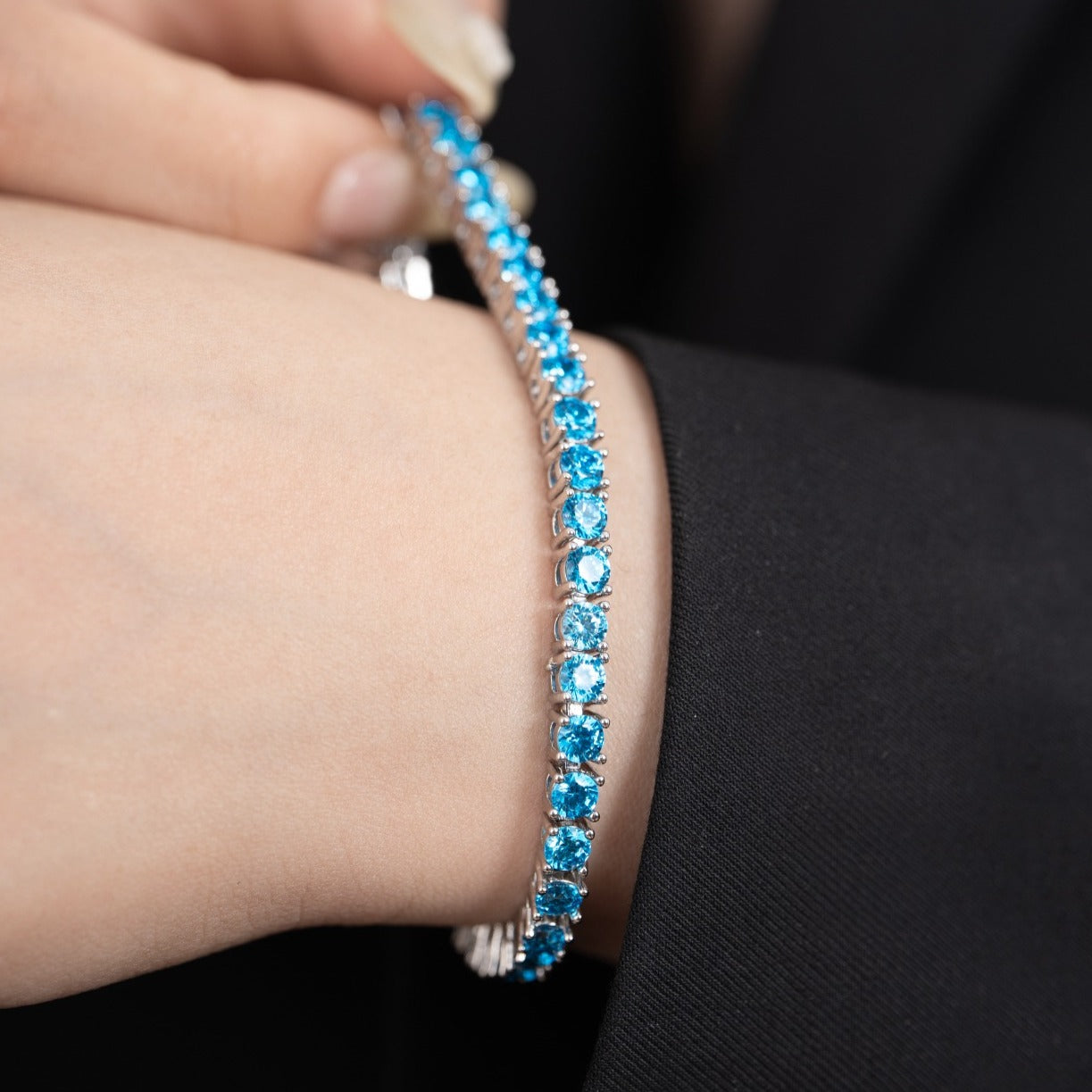 12.0 Carats Blue Moissanite Tennis Bracelet, D Color VVS1 Round Cut, 925 Sterling Silver Hip-hop Bracelet, High Quality Jewelry For Daily Wear, Fine Fashionable Essential Items