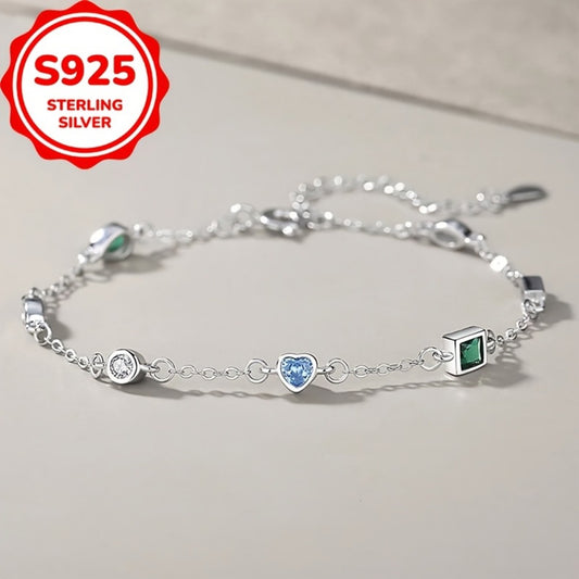 S925 Sterling Silver Mini Heart-Shaped Bracelet, Multifunctional Square And Teardrop Design