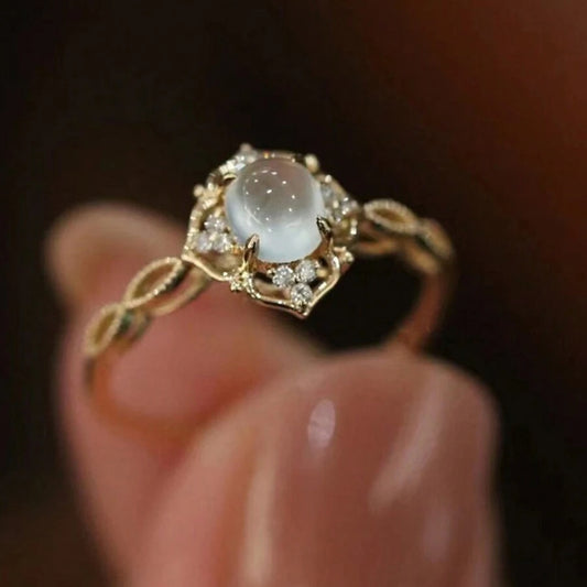 14K Golden Plated Bohemian Floral Cat'S Eye & Moonstone Ring for Women - Elegant Hollow Flower Design with -Accented Band, Durable 14K Golden Plating, Everyday & Special Occasion Jewelry